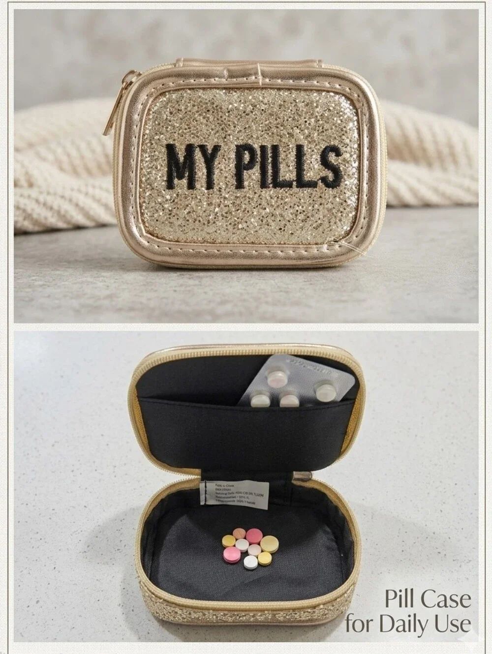 Miamica "My Pills" Gold Glitter Travel Pouch Case